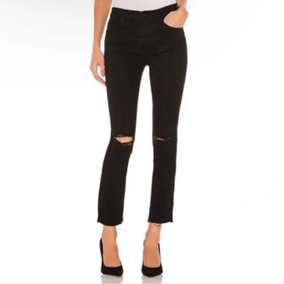 Mother Black Distressed Rascal Ankle Fray Cropped Jeans Size 27 - Picture 1 of 9